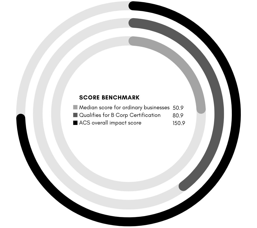 Score Benchmark Category 1: Median Score for ordinary businesses - 50.9 Category 2: Qualifies for B Corp Certification - 80.9 Category 3: ACS overall impact score - 150.9 This data is shown in a three tier circle chart